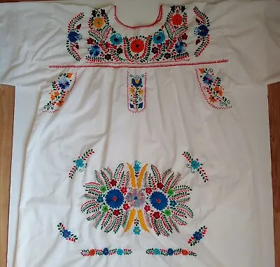 Puebla Mexican Dress XL Hand Embroidered Floral Boho Hippie Peasant Wide Sleeve • $59.99