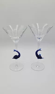 Pair Of Murano Italy Venetian Martini Glasses W/ Blue Dolphin Figurine On Stems • $59.95