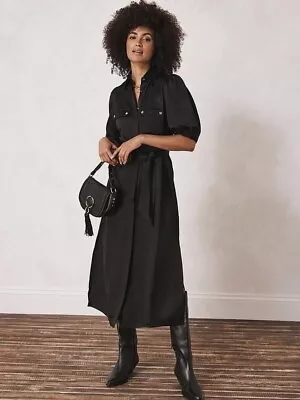Mint Velvet Black Satin Midi Shirt Dress Size 10 BNWOT • £21