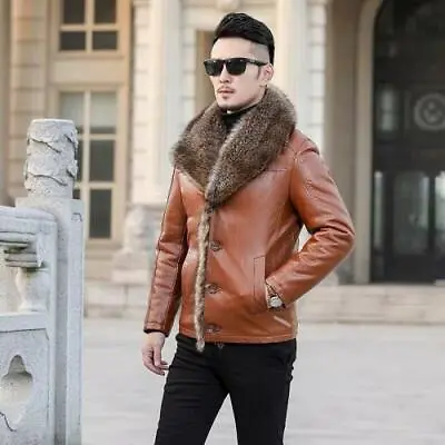 Mens Real Leather Fur Collar Jacket Thick Winter Fur Coat Single Breasted 6XL L • $184.29