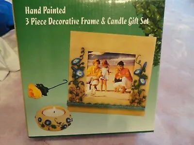 New VTG Hand Painted 3 PC Morning Glory Decorative Photo Frame & Candle Gift Set • $8.99