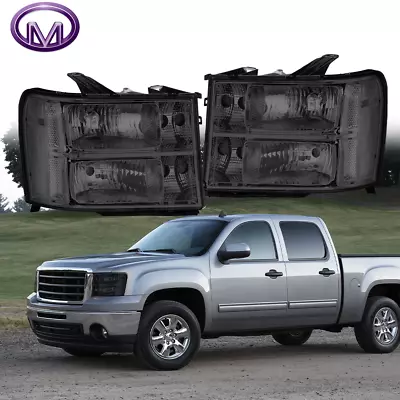 Pair Smoked Headlights Assly Fits 2007-13 GMC Sierra 1500 07-14 2500HD 3500HD SL • $64.89