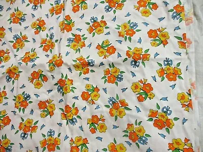 Vintage White Linen Fabric With Orange/Yellow Flowers Lightly Textured 43  X 1 Y • $8