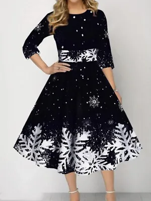 £14.09 • Buy Women Christmas Snowflake Midi Dress Ladies Xmas Floral Party Skater Swing Dress