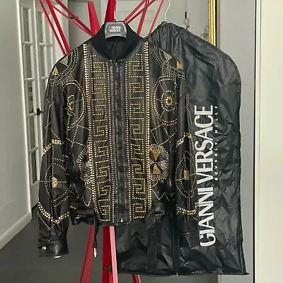 GIANNI VERSACE Black Leather Jacket With Greek Key Studded Size 52 From S/S 1992 • $14997.49