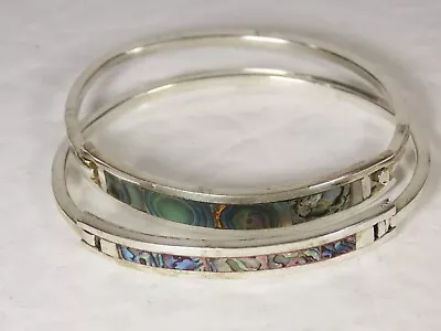 2 Vintage MEXICO ALPACA Silver Skinny Bangle Bracelet MOP ABALONE Inlay C2984 • $12.75