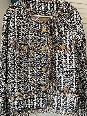 Jacket Blazer Boucle Tweed XL Golden Buttons Beige Black White Collarless BNWOT • £40