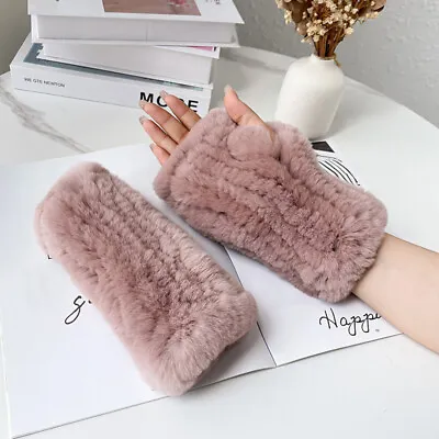 Women Winter Genuine Rex Rabbit Fur Knitted Gloves Warm Fingerless Wrist Mittens • $26.36