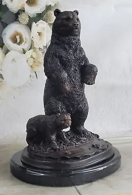 Western Art French Moigniez Black Bear Mother Cub Bronze Marble Statue Sculpture • $244.65