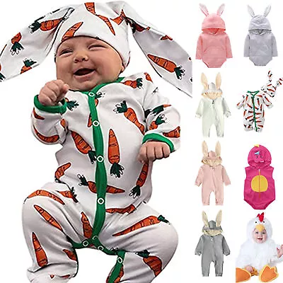 Newborn Kids Boy Girl Easter Bunny Romper Hooded Cute Rabbit Ear Zip Jumpsuit • £17.74