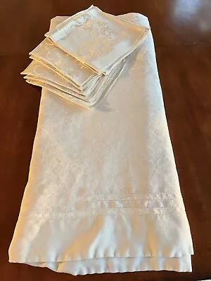 Vintage Banquet Size Damask Tablecloth & 8  Napkins Cream Scrolled Design • $24