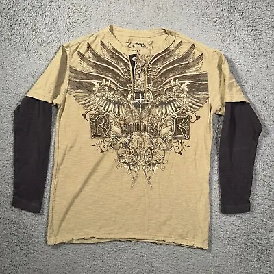 Modern Culture Shirt Men M Beige Y2K MMA Elite Graphic Henley Long Sleeve Grunge • $39.99