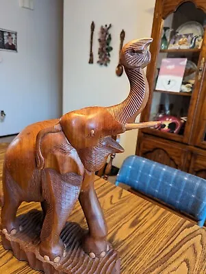 Vintage  Solid Teak Wood Hand Carved Elephant Sculpture From Thailand- 20  Tall • $109