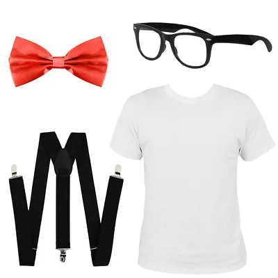 Adults Geek Costume Set Nerd T-shirt Bow Tie Braces Glasses School Fancy Dress • £3.99