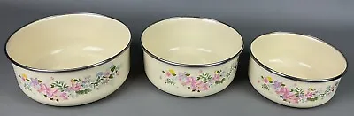 Set Of 3 Vintage Enamel Nesting Storage Bowls Wild Flowers • $11.95