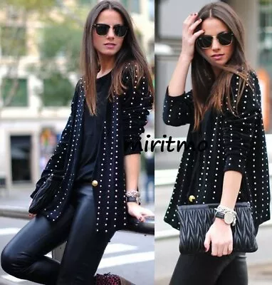 A611 Zara Black Velvet Jacket Kimono Studded Flowing Blazer Coat Small - S • £95.99