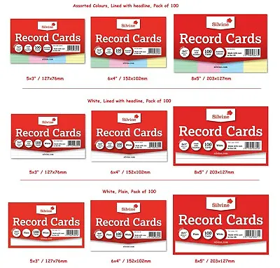 Silvine Record Cards Revision/Flash/Index/White/Ruled/Coloured FOR School/office • £24.99
