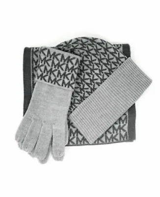 Michael Kors Gray & Black 3 Piece Knit Scarf Hat & Gloves Set - New In Gift Box • $52.90