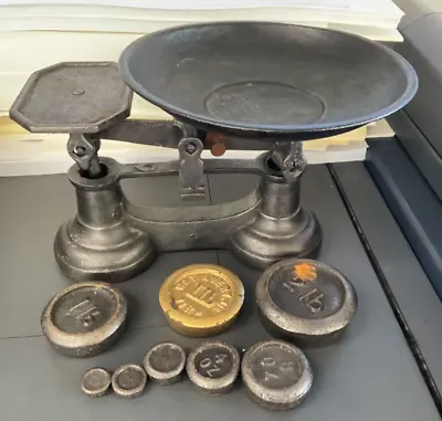 £22 • Buy Vintage Antique Cast Iron Pan Kitchen Weighing Scales & 8 Weights Date Unknown