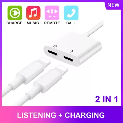 Dual 2 In 1 For IPhone IPad Headphone Audio & Charger Adapter Splitter 7 8 11 X • £4.12