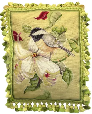 Needlepoint Pillow | Handmde Wool Magnolia And Bird Vertical Throw Cushion 20x16 • $283.14