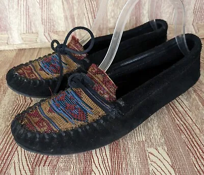 Minnetonka El Paso Moc II Suede Flats Moccasin Shoe 9 Black Aztec  • $19.99
