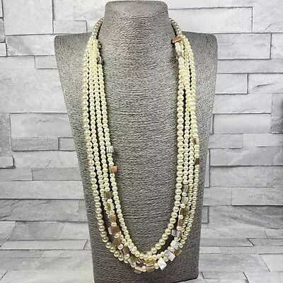 Long Heavy Multi Strand Necklace Cream Glass Faux Pearls Brown Shell Nuggets  • £9.50