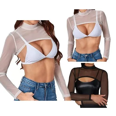 Women's See-through Mesh Crop Top Shrugs Long Sleeve Pullover Cover Up Shirt • $11.35