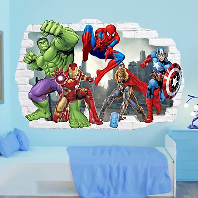 Superheroes Wall Stickers Avengers Hulk Thor Decal Mural Kids Room Decor QO3 • £15.99