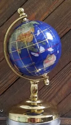 Blue Inlaid Gemstone World Globe  5.5” Tall Mini Desk Top Brass Gold • $30