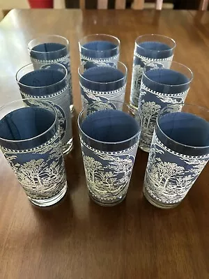 9 Currier & Ives Vintage White On Blue Tumblers 12oz Old Grist Mill 1960 Set • $49.49