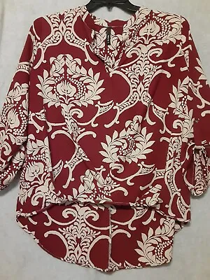 Yahada Made In The USA Sz L Burgundy Beige Pop Over Top Tunic Long Tunic Blouse • $9