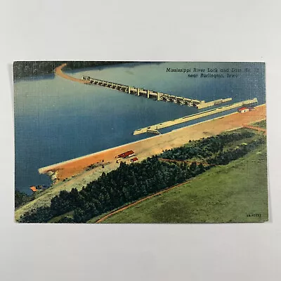 Postcard Iowa Burlington IA Mississippi River Lock Dam 18 1940s Linen Unposted • $2