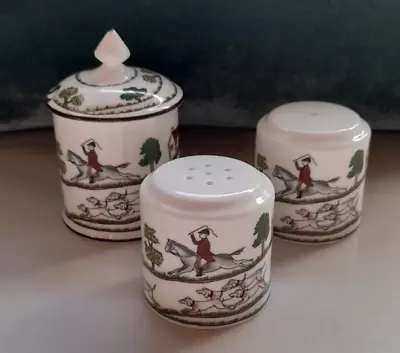 Coalport Hunting Scenes 3 Piece Cruet - Salt Pepper Mustard Pot + Lid Perfect • £27