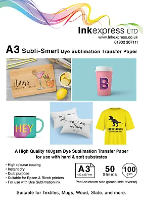 £14.75 • Buy 100gsm A3 Subli-Smart HR Sublimation Paper For Hard + Soft Substrates 50 Sheets