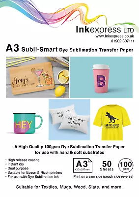 £14.75 • Buy 100gsm A3 Subli-Smart HR Sublimation Paper For Hard + Soft Substrates 50 Sheets