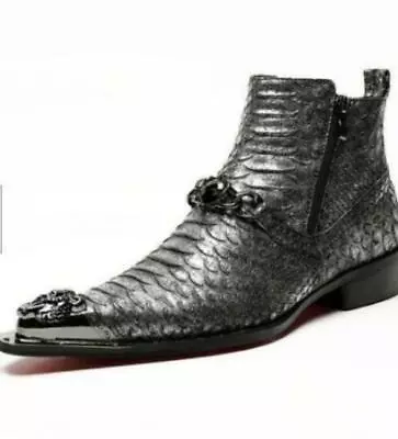 Chic Mens Textured Metal Head Pointy Toe Wing Tip Leather Shoes Ankle Boots • $74.79