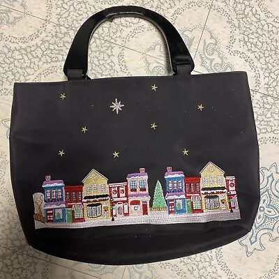 Kim Rogers Christmas Embroidered Handbag Purse BLACK Acrylic 2 Handles Bag • $17.75