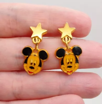 Vintage Disney Mickey Mouse Dangle Drop Gold Tone Pierced Earrings Signed AAI • $15.29