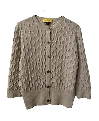 St John Womens Wool Blend Wavy Ribbed Knit Beige Cardigan Size Large 3/4 Sleeve • £62.73