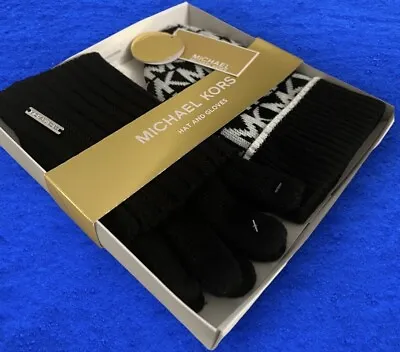 $88 New MICHAEL KORS WOMEN CLASSIC HAT & Gloves GIFT SET BLACK & White • $44