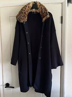 Long Black ZARA Cardigan/Jacket With Animal Print Collar - Size 12/14 • £6
