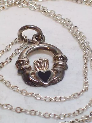 Sterling Silver Irish Claddagh Necklace Chain Celtic Heart Hands Pendant 925 Vtg • $19.99