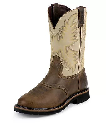 Justin Mens Brown Waxy Leather Work Boots 11in Stampede Pull-On • $149.99