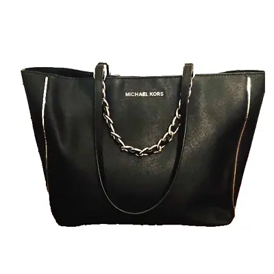 Michael Kors OS Black Saffiano Silver Trim Chain Convertible Tote + Shoulder Bag • $45