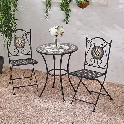 Breeins 3Pcs Mosaic Garden Bistro Set Yard Outdoor Dining Table 2 Folding Chairs • £135.99