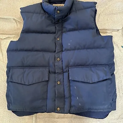 Vintage Cabelas Down Puffer Vest Mens L Blue Pockets Zip Snap Front Runs Small • $18.99