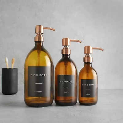 £14.99 • Buy Amber Glass Labelled Bottle With Rose Gold Dispenser Pump For Soap/Shampoo