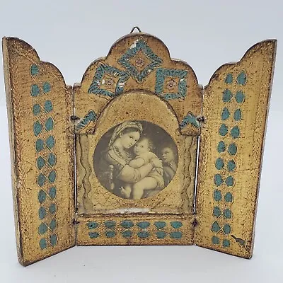 Wood Triptych Raphael Madonna Of The Chair Antique Gold Tole Italy Pic Vintage • $70