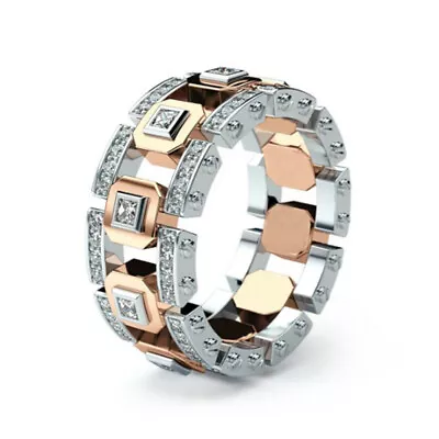 Men Women Lover Two Tone Shiny Rhinestone Finger Ring Wedding Jewelry Gift Deco • $2.79